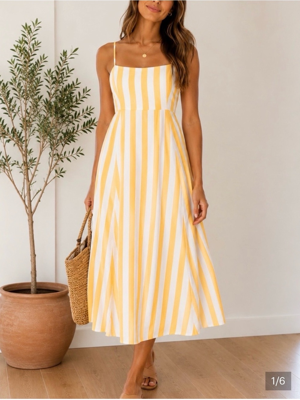 Gap Sz 20 Striped Spaghetti‑Strap Midi Dress in Yellow White Linen Blend